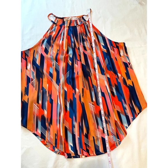Lush Women Halter Blouse Top Geometric Pleated Neckline Orange Blue Size Small - Picture 4 of 7